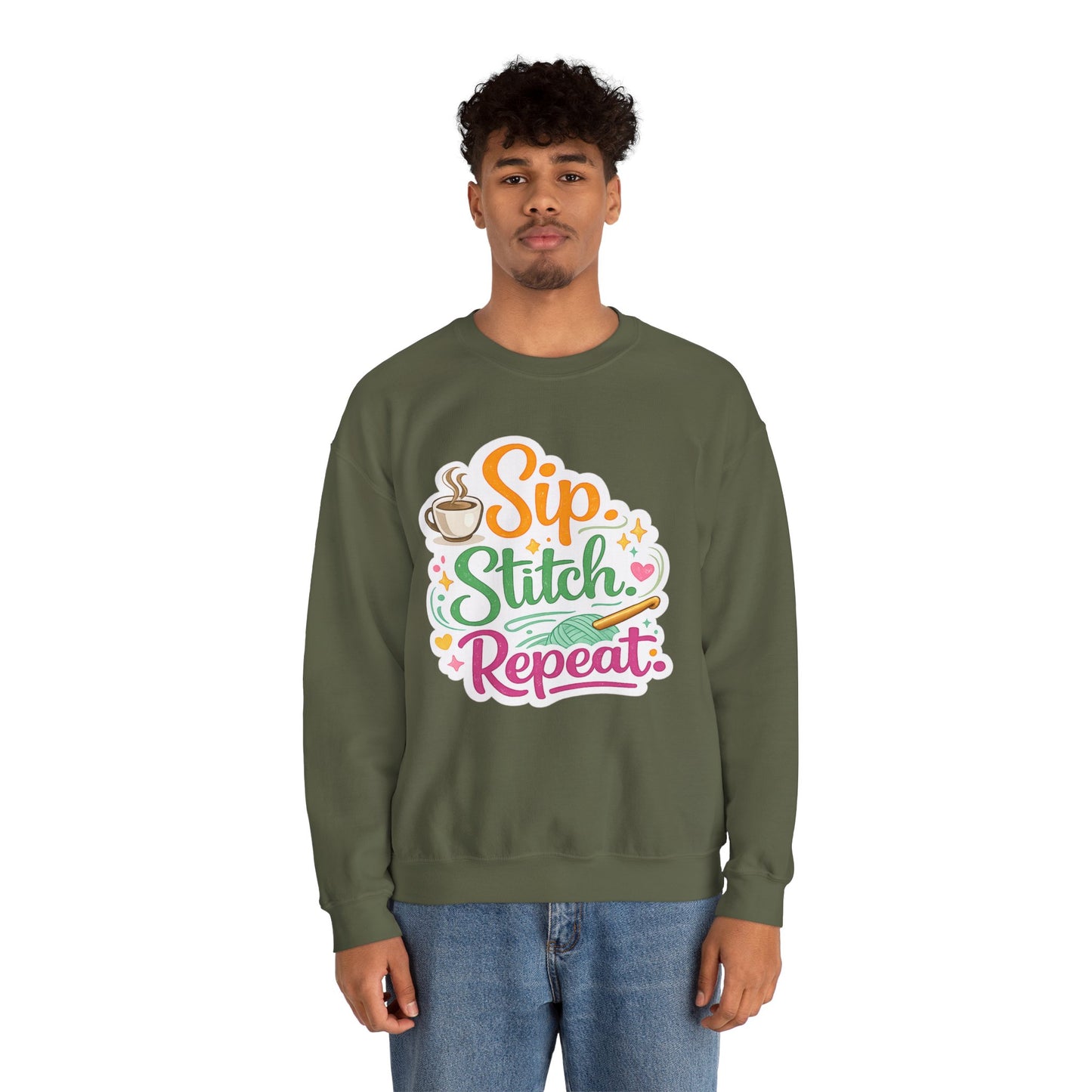 Sip. Stitch. Repeat.™ Sweatshirt — Cozy Maker Crewneck