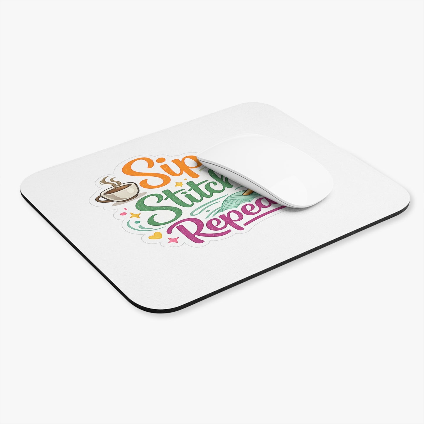 Sip. Stitch. Repeat.™ Crochet Mouse Pad – Coffee Lover Craft Desk Accessory for Knitters & Makers