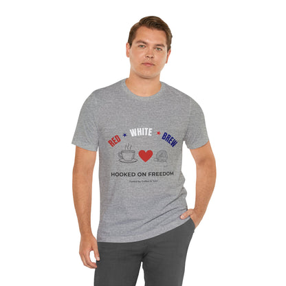 Red White Brew Tee | Hooked on Freedom Coffee & Yarn Shirt | Patriotic Crochet Lover T-Shirt | 4th of July Crafting Tee