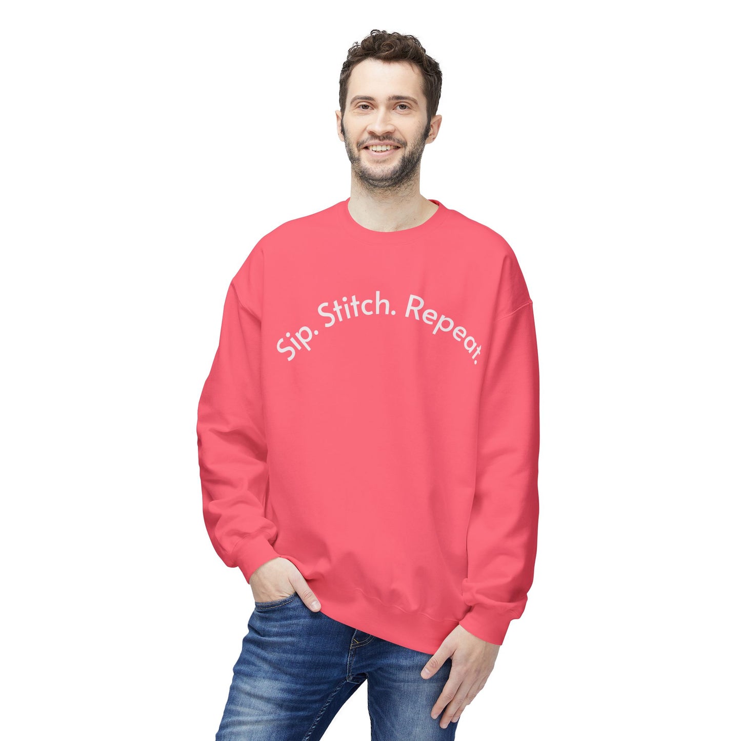 Sip Stitch Repeat™ Crochet & Knitting Sweatshirt – Brewed & Hooked Cozy Crewneck for Yarn Lovers, Coffee & Crochet Gift
