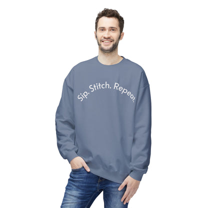 Sip Stitch Repeat™ Crochet & Knitting Sweatshirt – Brewed & Hooked Cozy Crewneck for Yarn Lovers, Coffee & Crochet Gift