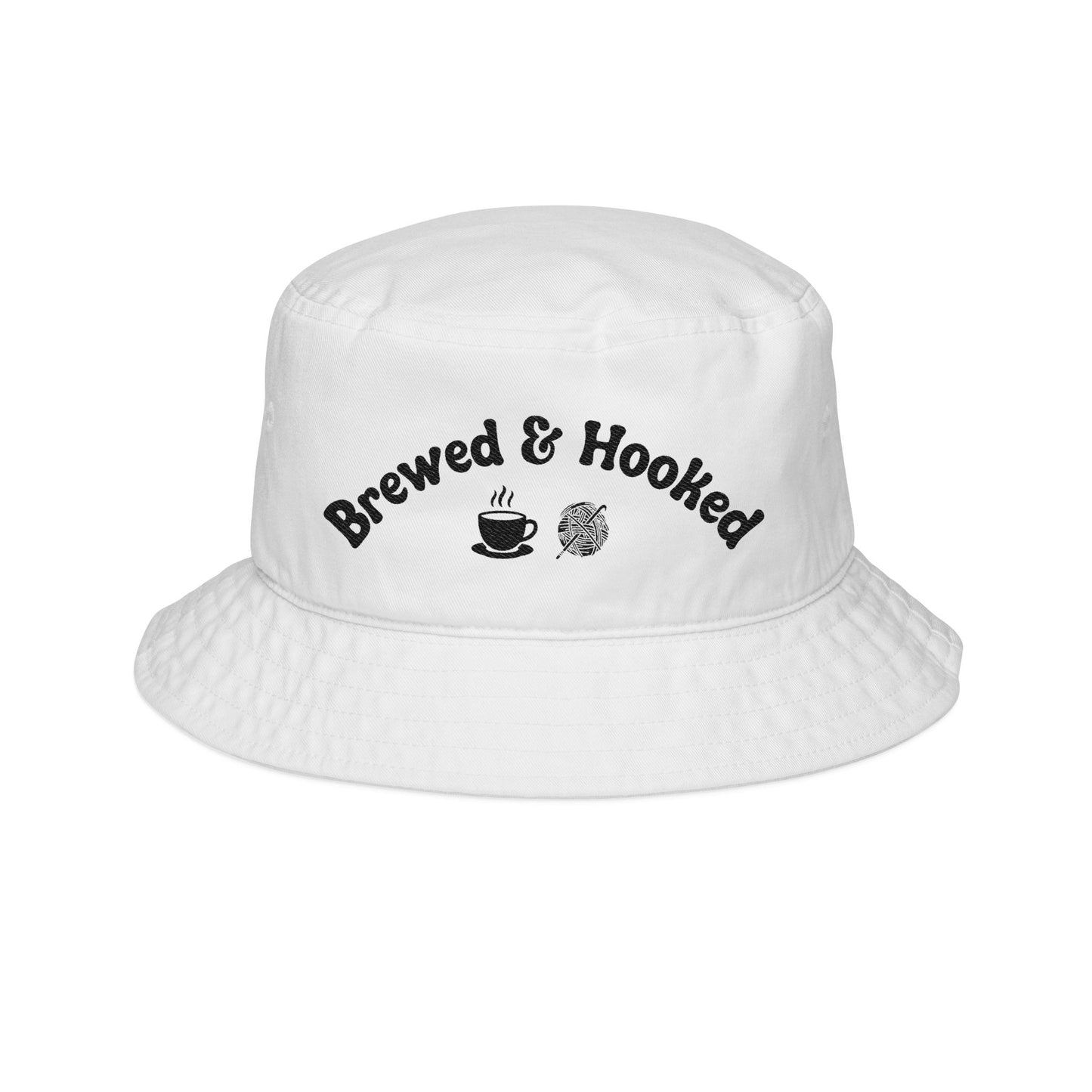 Brewed & Hooked Embroidered Bucket Hat – Coffee & Crochet Lover Cotton Hat | Yarn Lover Gift, Crafting & Café Style Cap