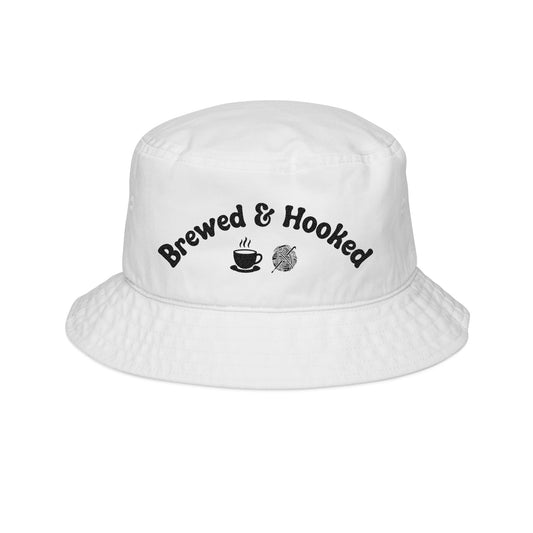 Brewed & Hooked Embroidered Bucket Hat – Coffee & Crochet Lover Cotton Hat | Yarn Lover Gift, Crafting & Café Style Cap