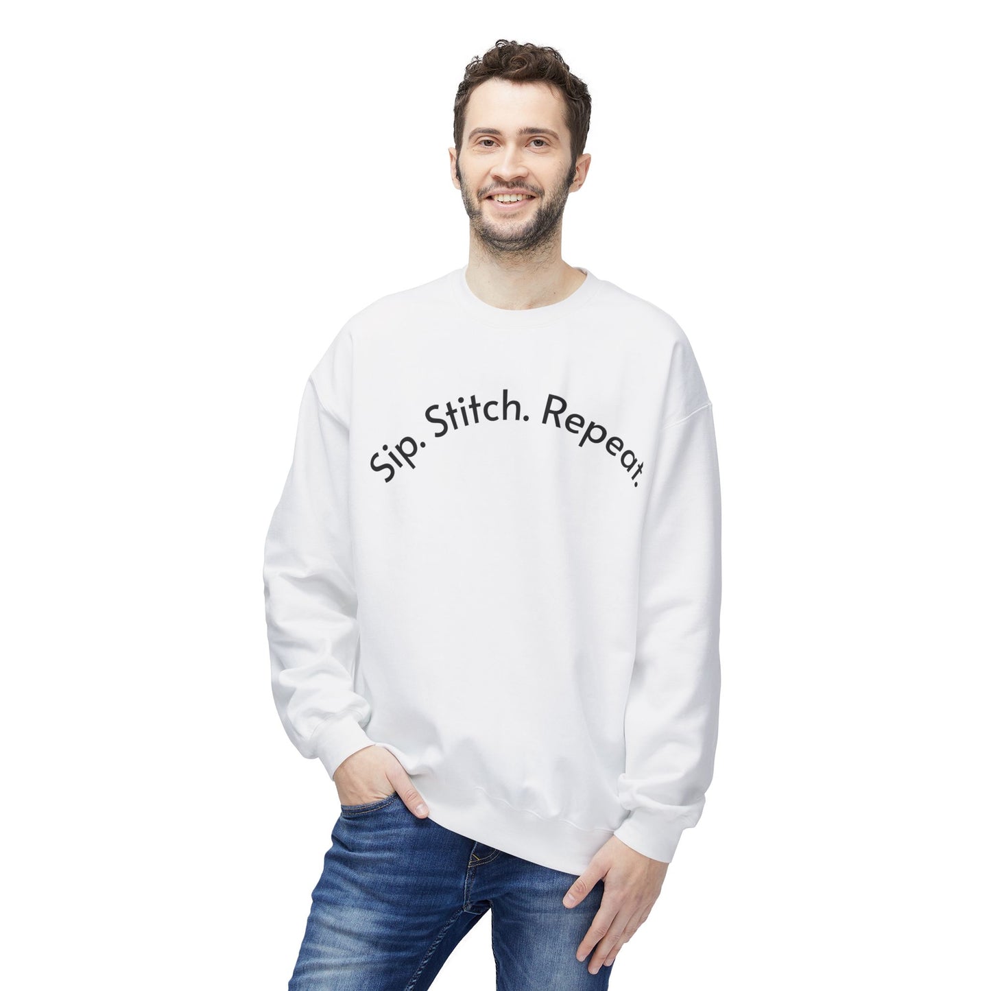 Sip Stitch Repeat™ Crochet & Knitting Sweatshirt – Brewed & Hooked Cozy Crewneck for Yarn Lovers, Coffee & Crochet Gift