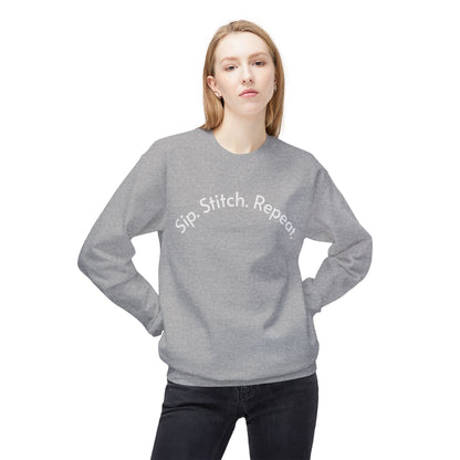 Sip Stitch Repeat™ Crochet & Knitting Sweatshirt – Brewed & Hooked Cozy Crewneck for Yarn Lovers, Coffee & Crochet Gift