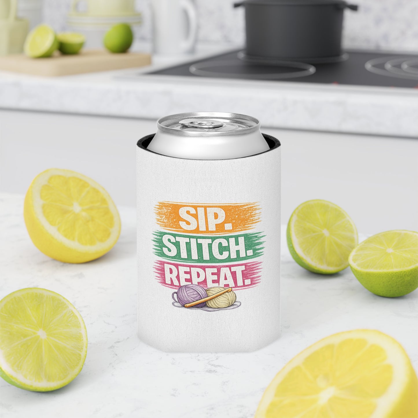 Sip Stitch Repeat™ Can Cooler – Crochet & Knitting Lover Drink Cozy for Craft Nights & Coffee Breaks