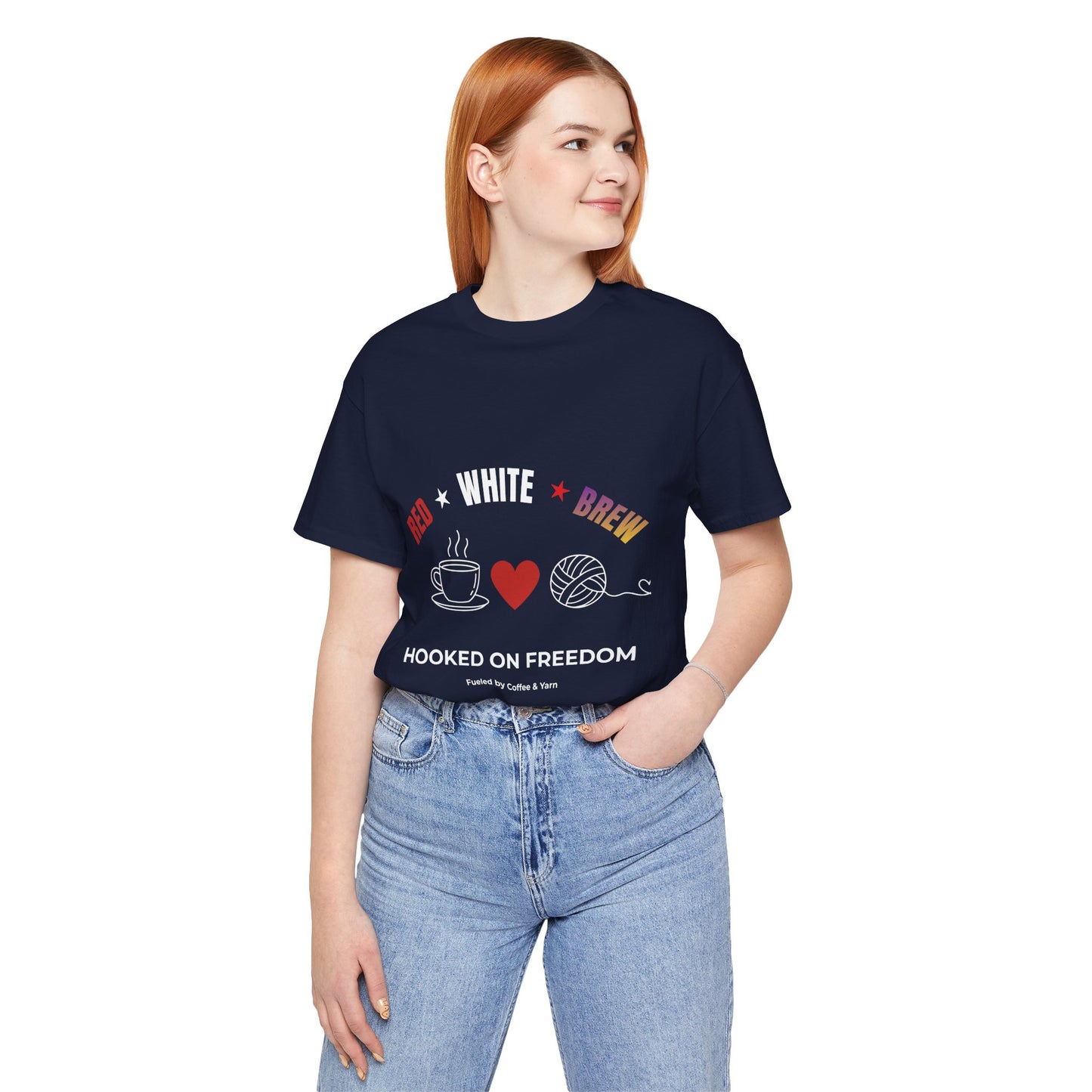 Red White Brew Tee | Hooked on Freedom Coffee & Yarn Shirt | Patriotic Crochet Lover T-Shirt | 4th of July Crafting Tee